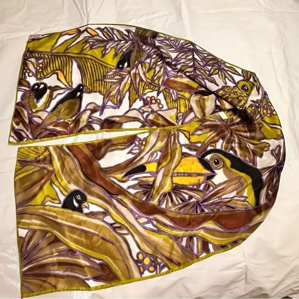 Vtg 80s Anne Klein for Vera Neumann Silk Tropical Birds Rectangular neck Scarf